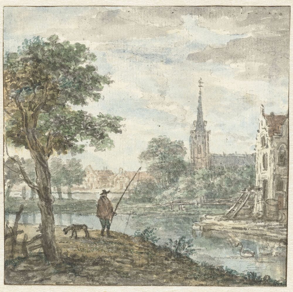 Gezicht op een stad met op de voorgrond een hengelaar (c. 1700 - c. 1800) by anonymous and Dirk Kuipers