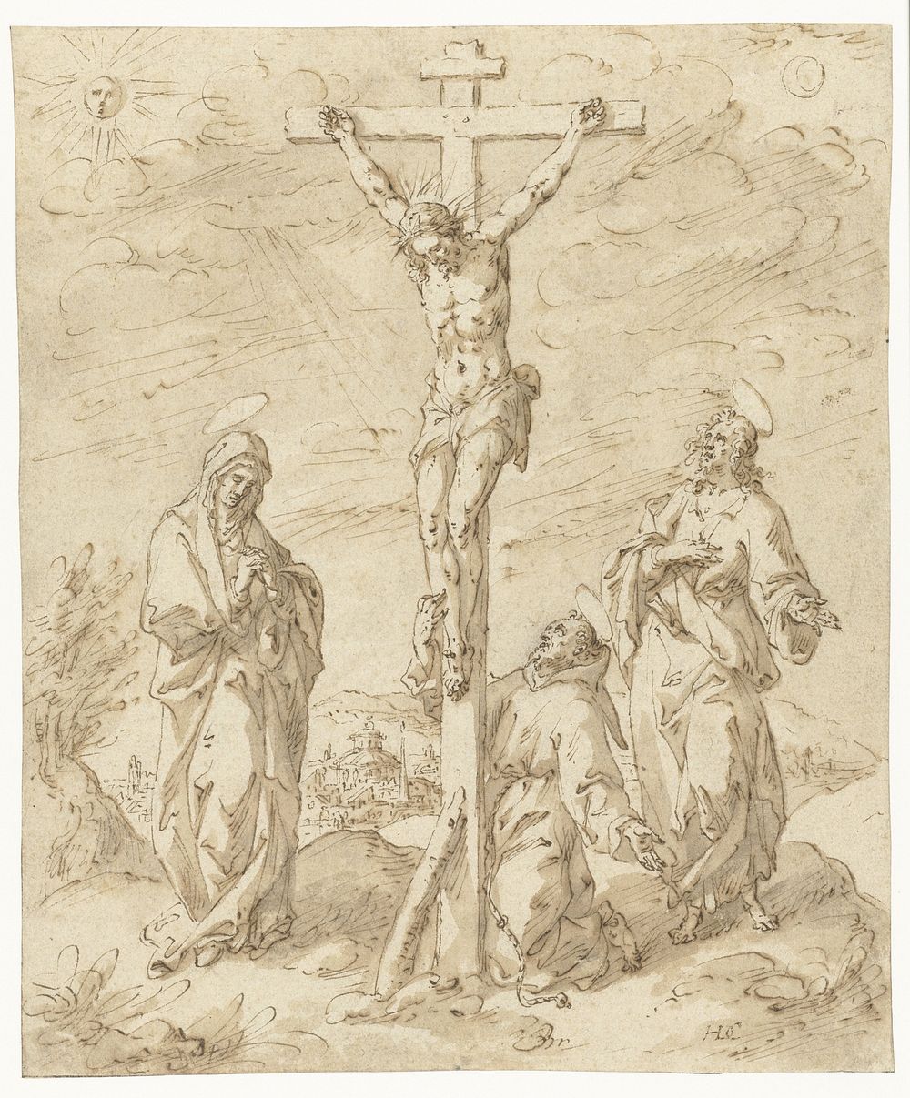 Christus aan het kruis tussen Maria en Johannes de Evangelist; aan de voet van het kruis de H. Franciscus (1575 - 1630) by…