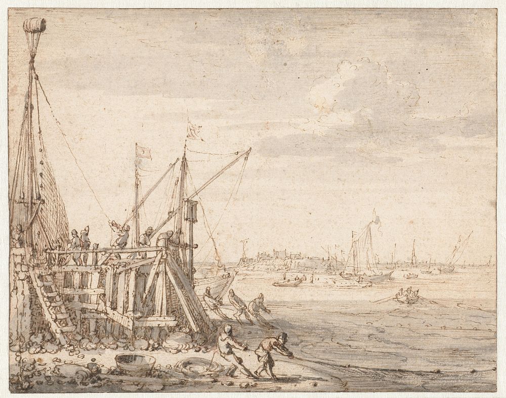 Havenhoofd met vissers die hun netten binnenhalen (1590 - 1633) by Cornelis Claesz van Wieringen and Abraham Storck