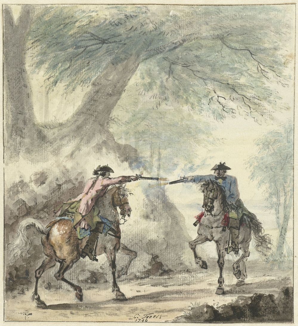Twee ruiters, elkaar op een bosweg ontmoetend en op elkaar vurend (1740) by Cornelis Troost
