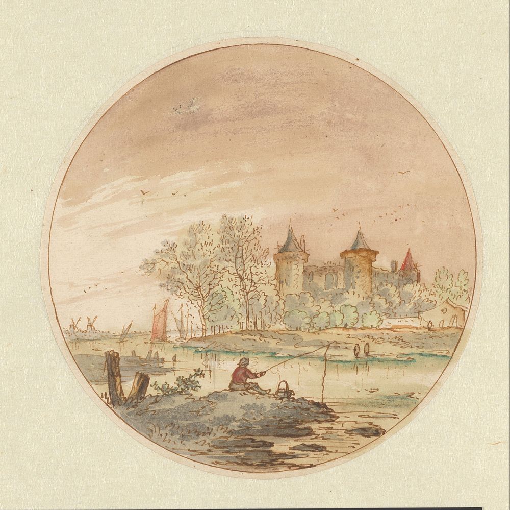 Landschap met een hengelaar en een kasteel (1644 - 1686) by Aarnout ter Himpel