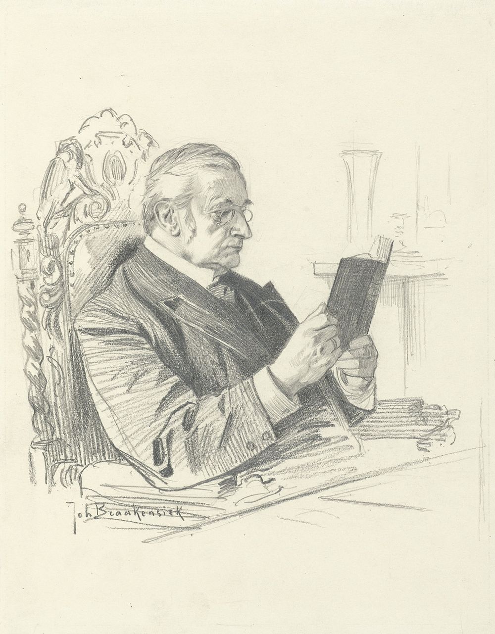 Portret van Jonkheer De Savornin Lohman, lezend in een stoel (1868 - 1912) by Johan Braakensiek
