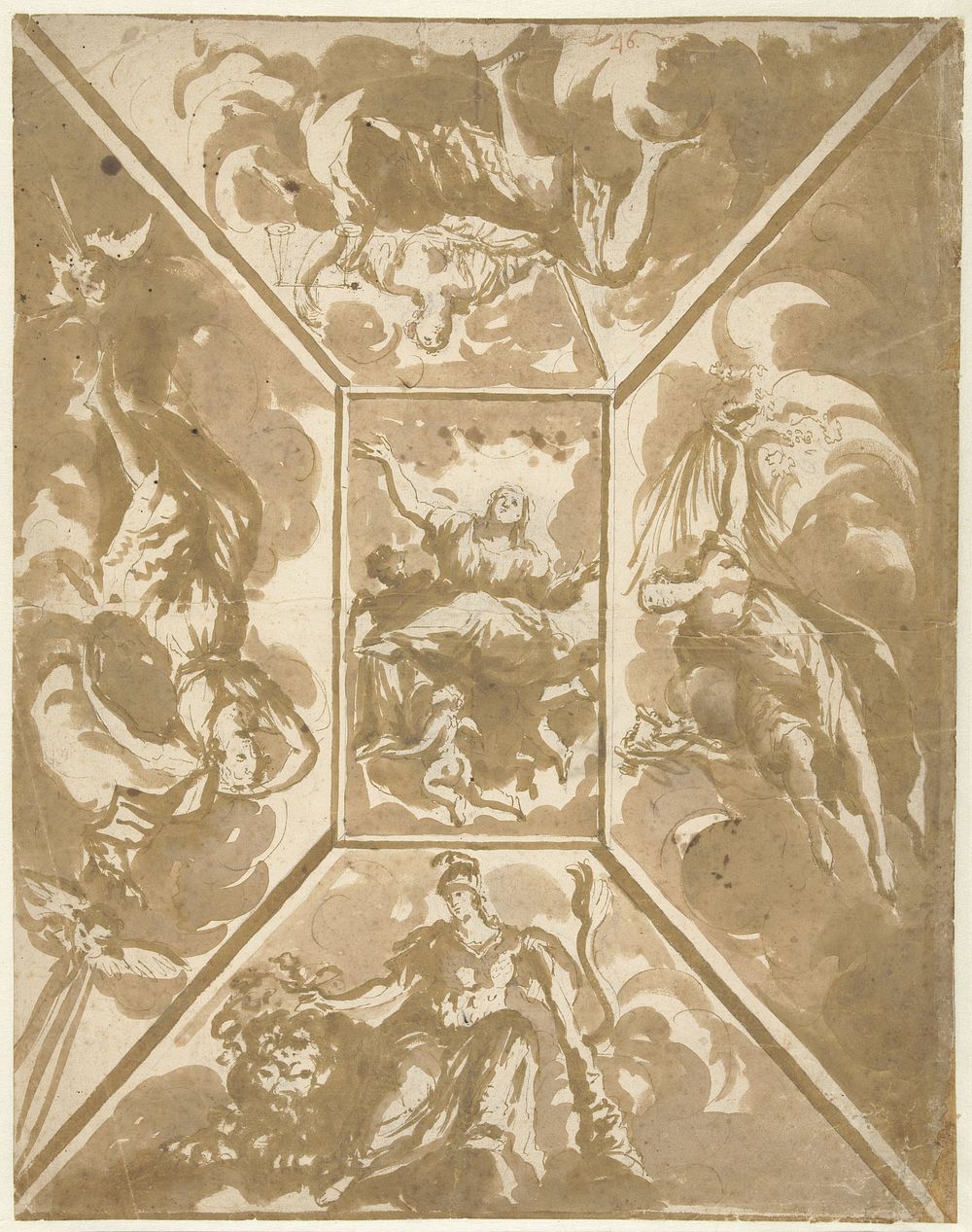 Ontwerp voor een plafond met vijf allegorische figuren (1659 - 1711) by Augustinus Terwesten I