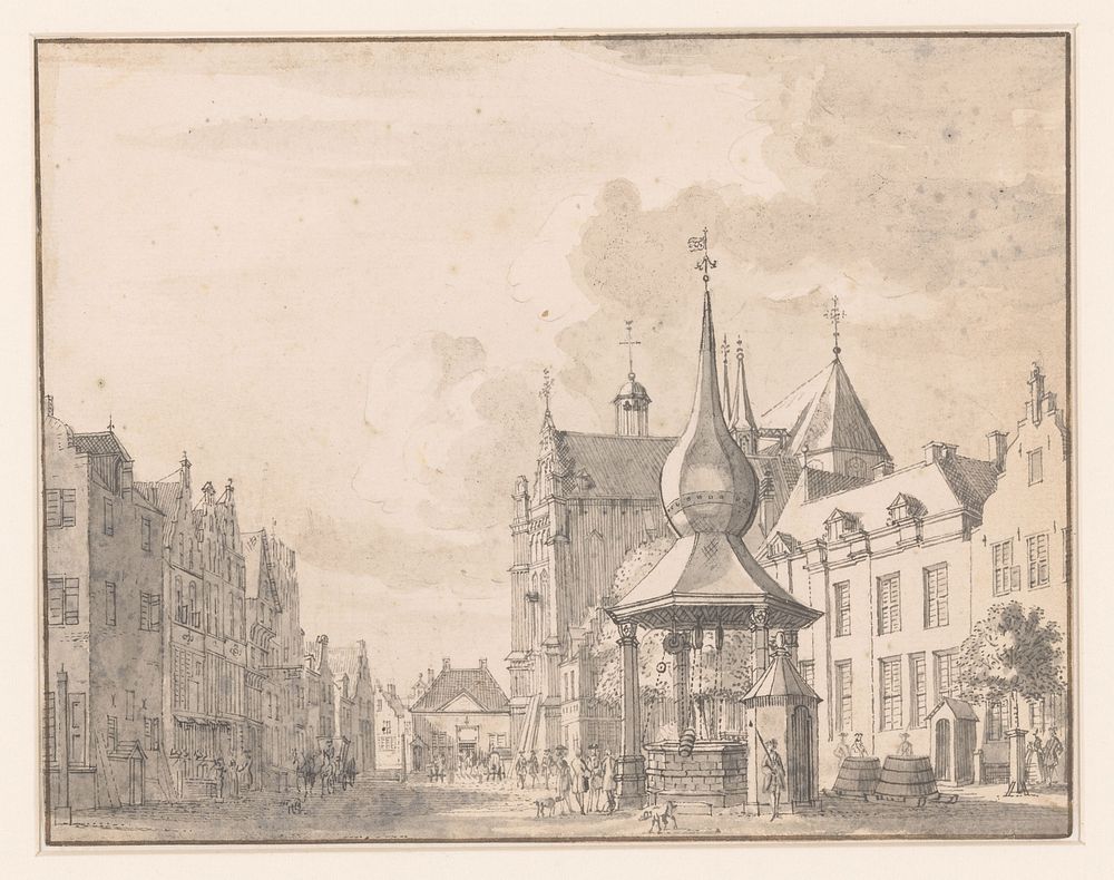 Gezicht op de Markt, St. Elisabethkerk en hoofdwacht te Grave (1700 - 1850) by anonymous