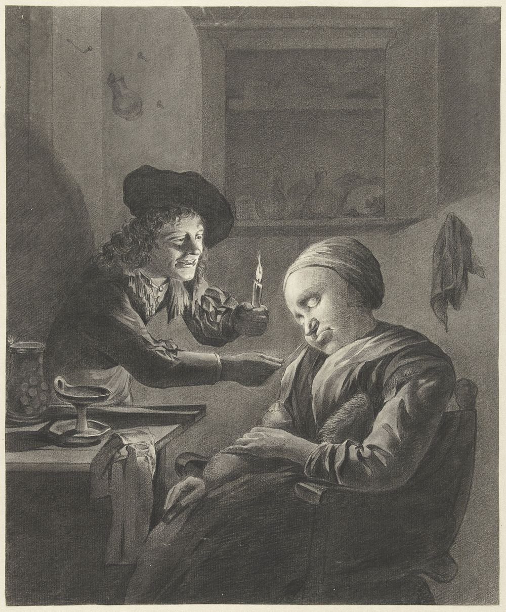 Man met kaars kietelt een slapende vrouw (1747 - 1767) by J Dillhoff