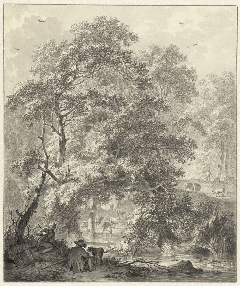 Bosgezicht met twee jongens met een hond zittend bij het water (1783) by Hendrik Meijer