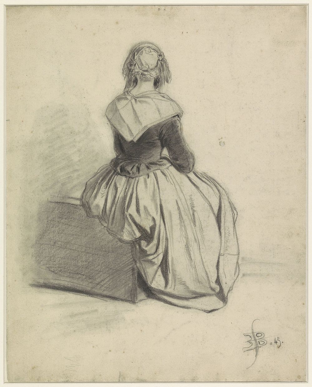 Vrouw zittend op een kist, op de rug gezien (1845) by Eugène François de Block