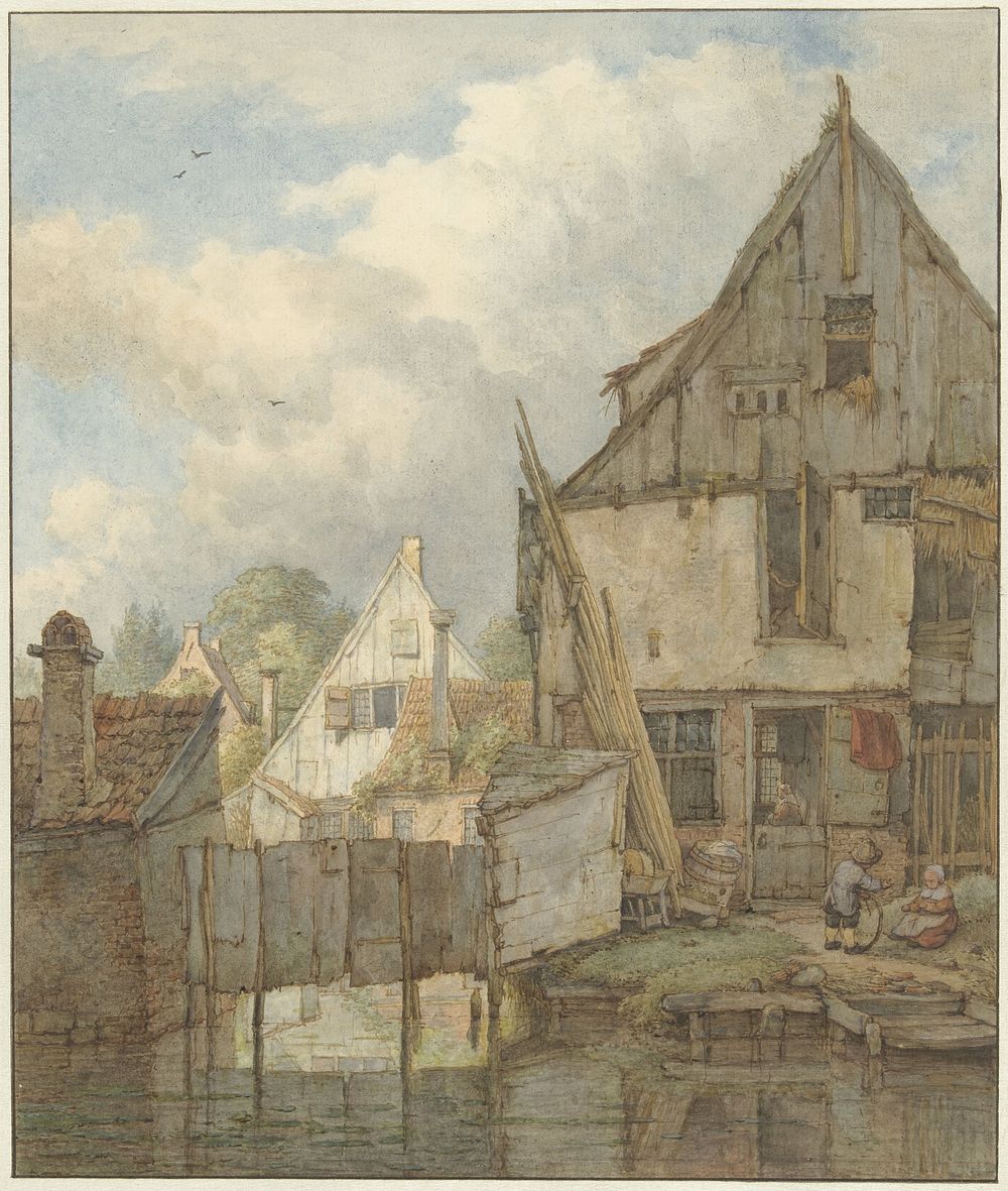 Vervallen huizen aan het water (1776 - 1822) by Jan Hulswit