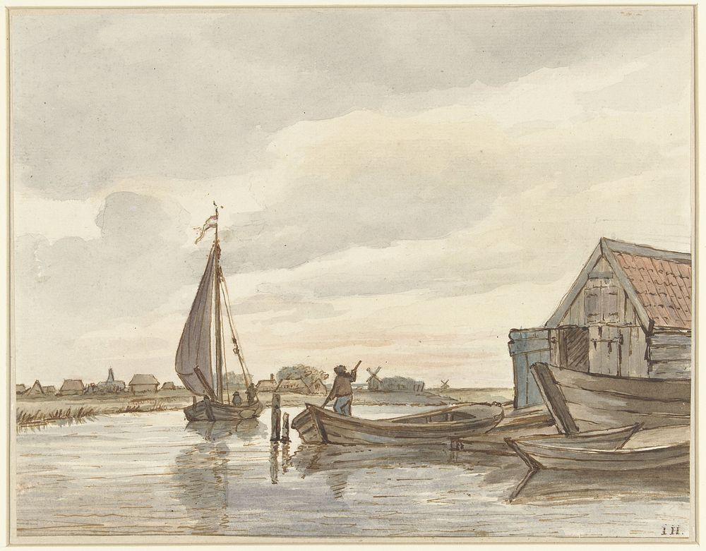 Enkele bootjes op een sloot (1776 - 1822) by Jan Hulswit