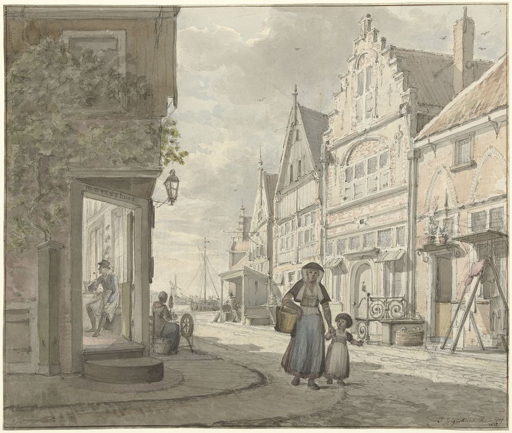 Vrouw en een kind lopen op straat in een vissersdorp (1817) by Johannes Jelgerhuis