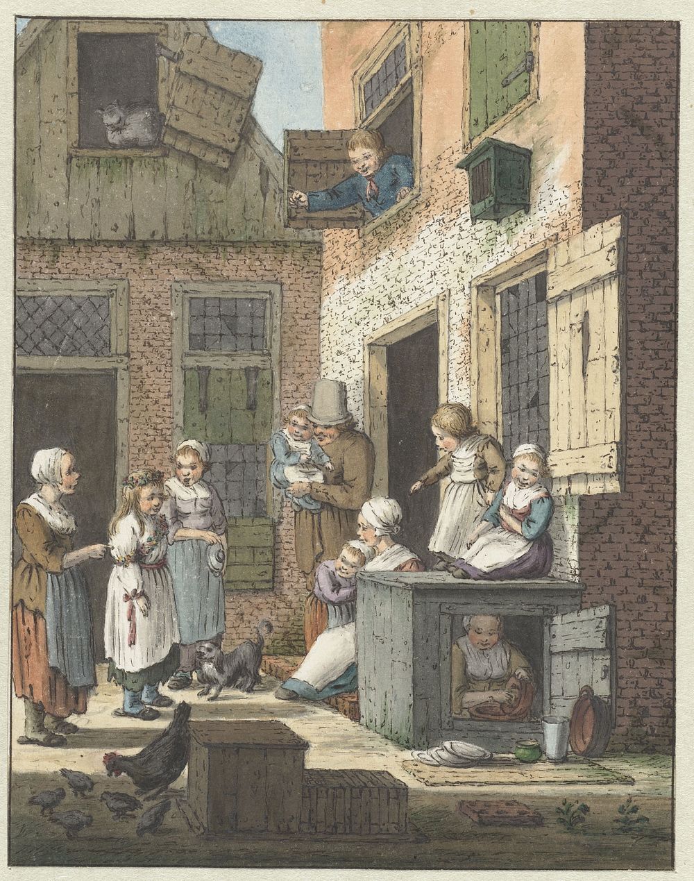 Groep mensen voor de deur van een woning (1758 - 1808) by Christina Chalon