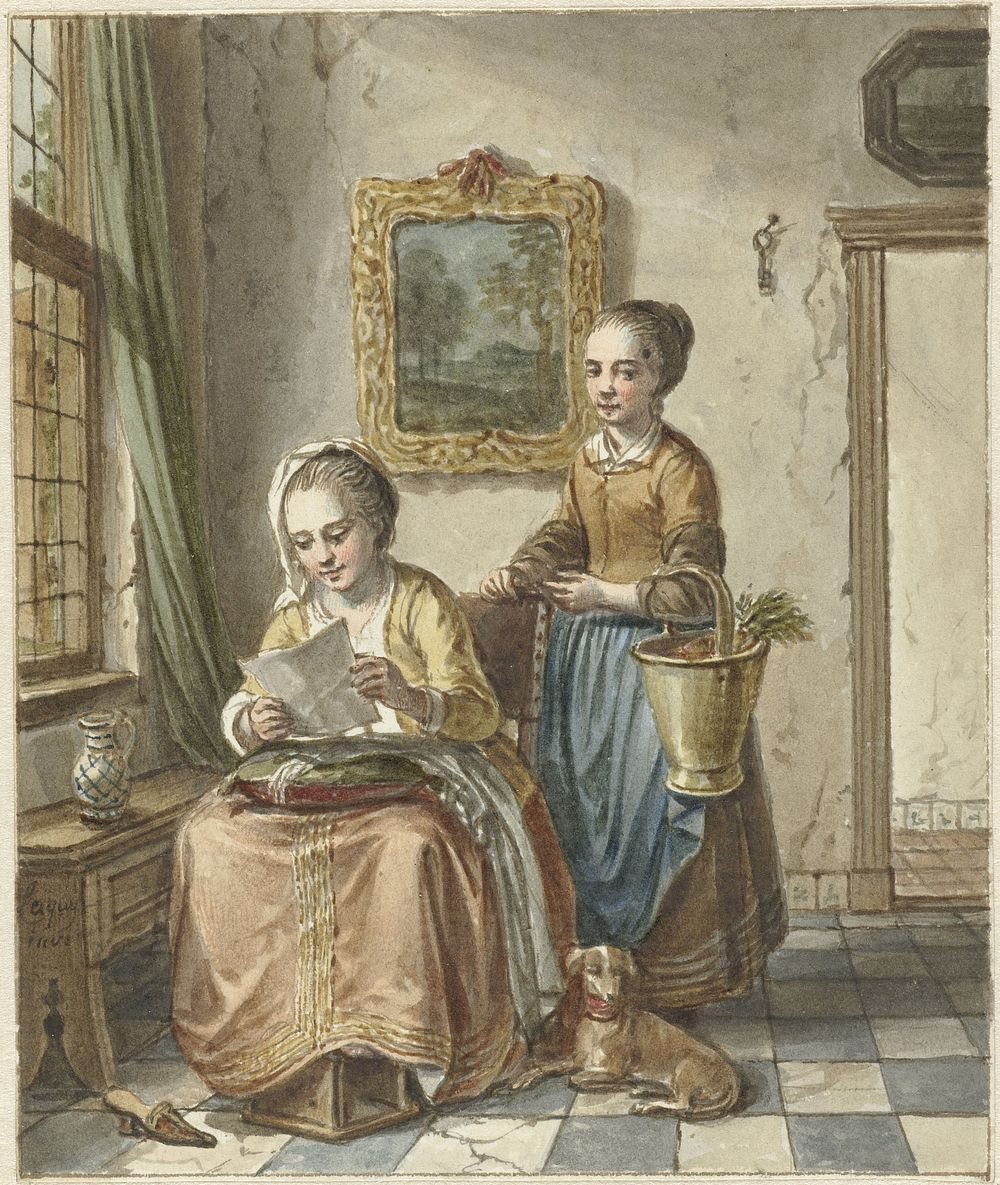 Zittende vrouw met dienstmeid, een brief lezend (1748 - 1798) by Willem Joseph Laquy