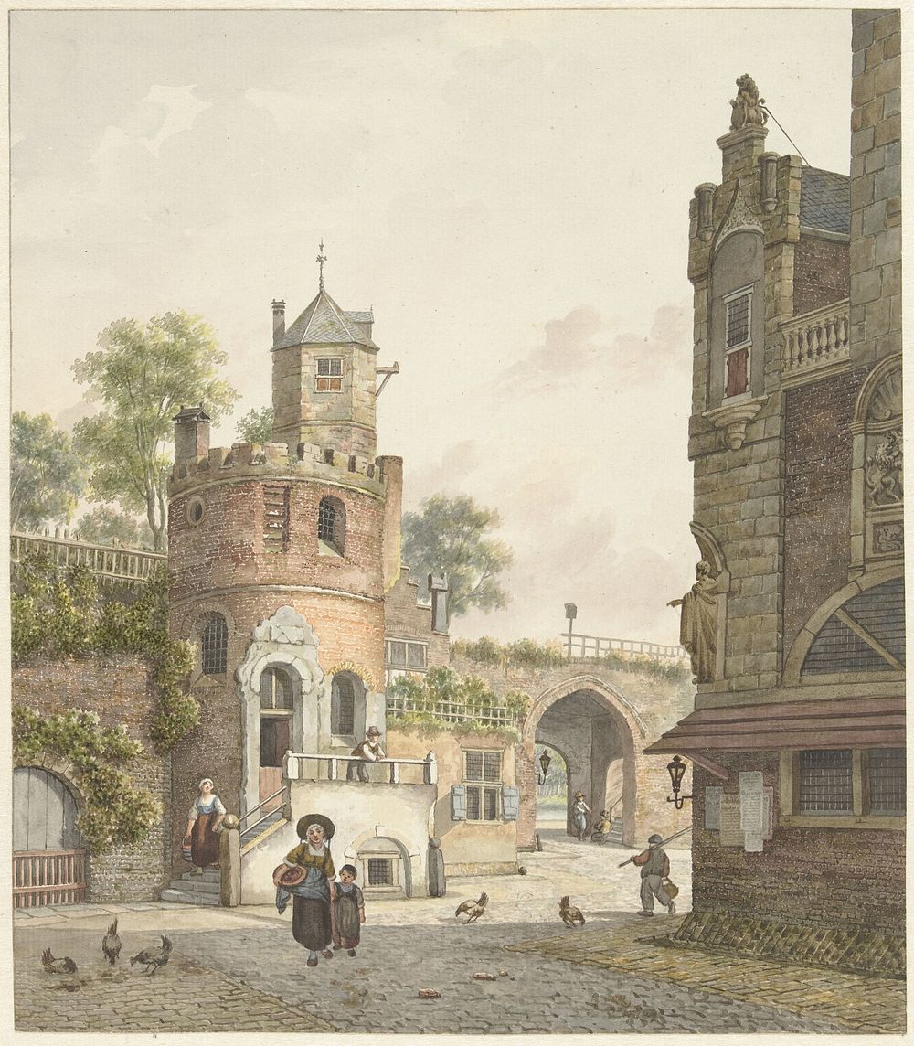 Stadsmuur met een toren en een poort, van binnen gezien (1788 - 1846) by Jan Hendrik Verheijen