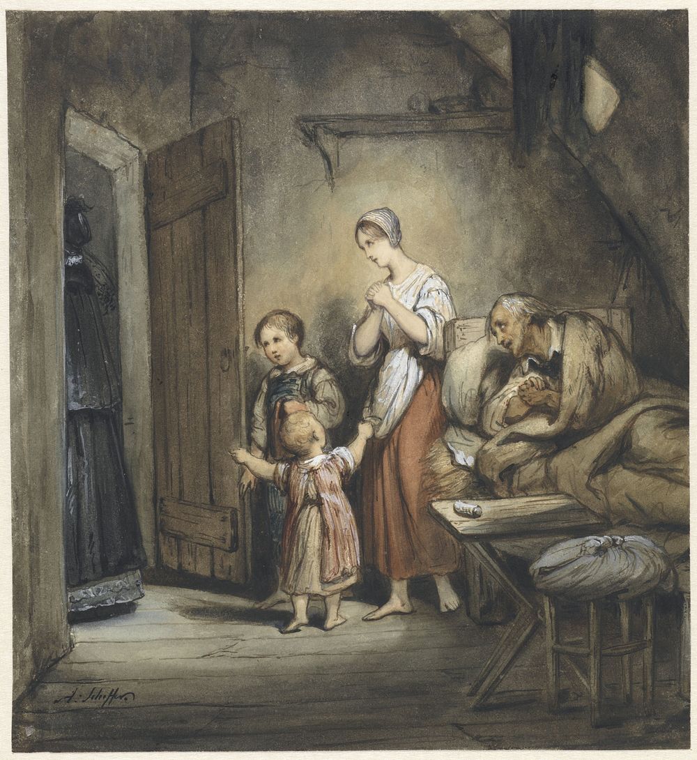 Zieke man in bed met naast hem een vrouw en twee kinderen (1805 - 1858) by Ary Scheffer