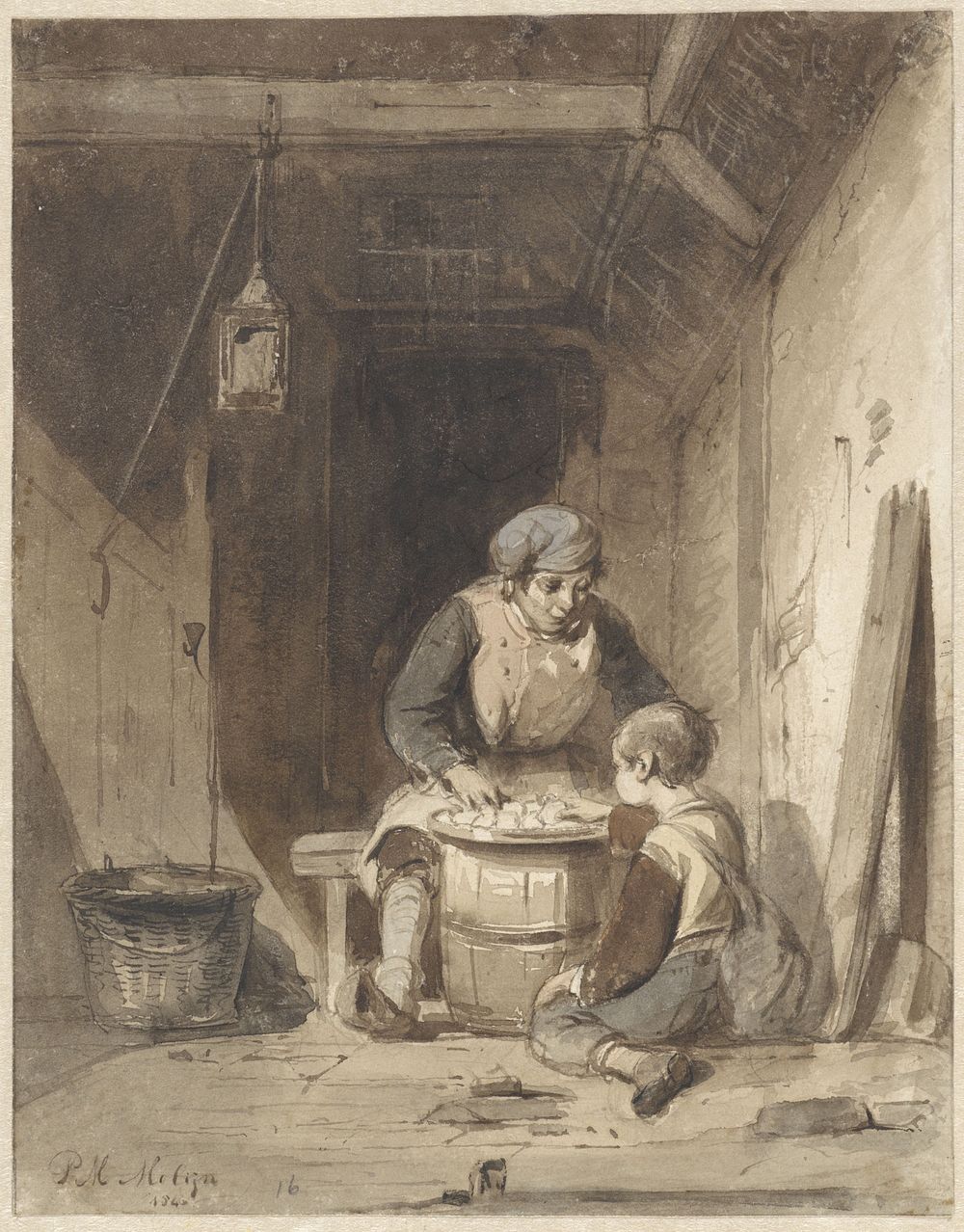 Man en jongetje etend in een schuur (1846) by Petrus Marius Molijn