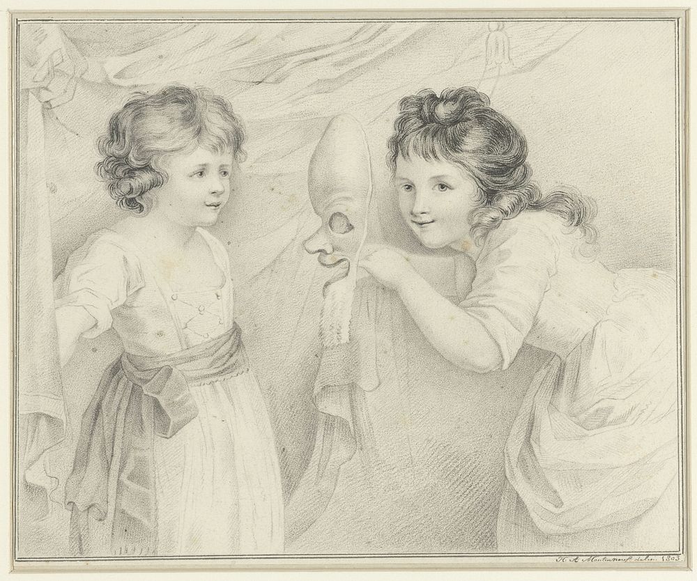 Twee meisjes met een masker (1803) by H A Moulinneuf