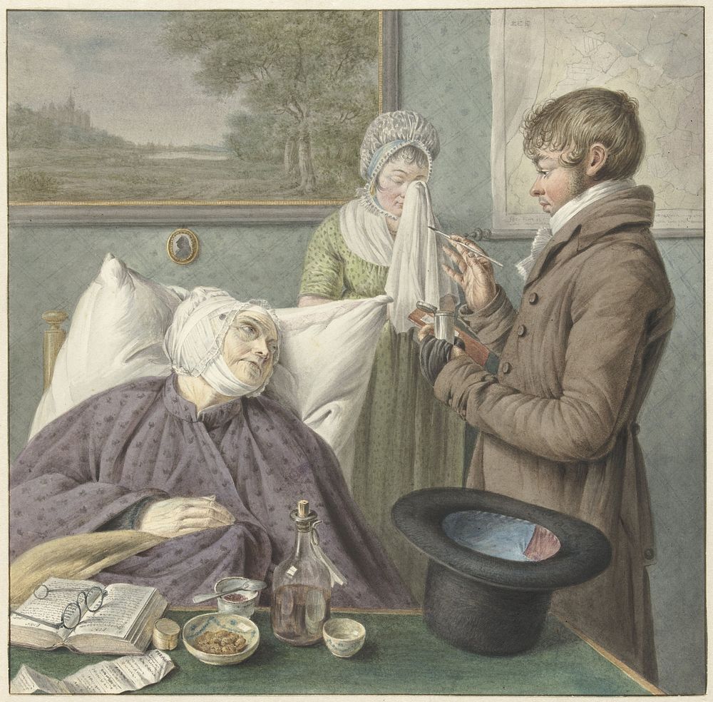Arts bezoekt een zieke oude vrouw in bed (1771 - 1816) by Wybrand Hendriks, Warner Horstink and Hendrik Schwegman