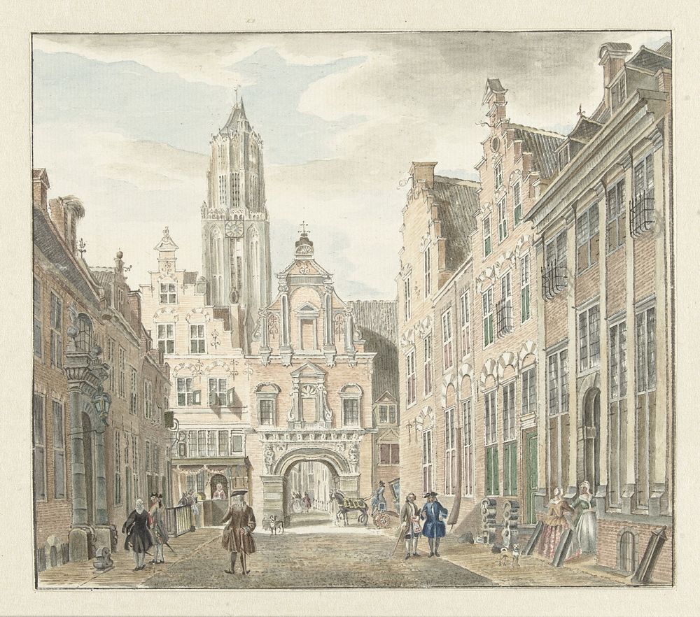 Nieuwstraat in Utrecht met gezicht op de Domtoren (1753) by Johanna de Bruyn and Jan de Beijer