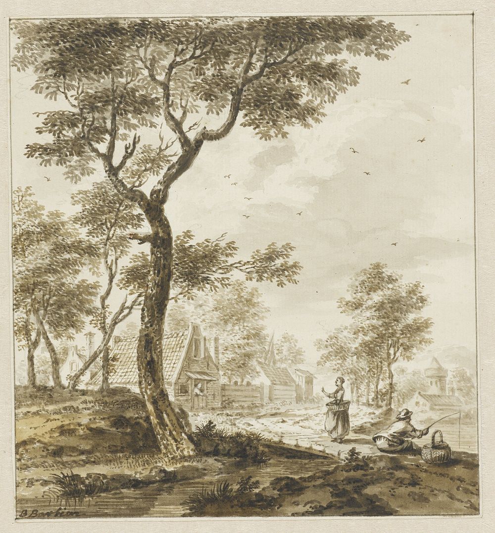 Landschap met figuren en rechts een hengelaar (after c. 1750 - 1808) by Bartholomeus Barbiers