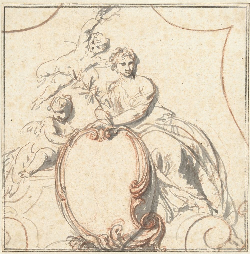 Allegorische vrouwenfiguur met twee putti boven een rocaille cartouche (1731) by Jacob de Wit