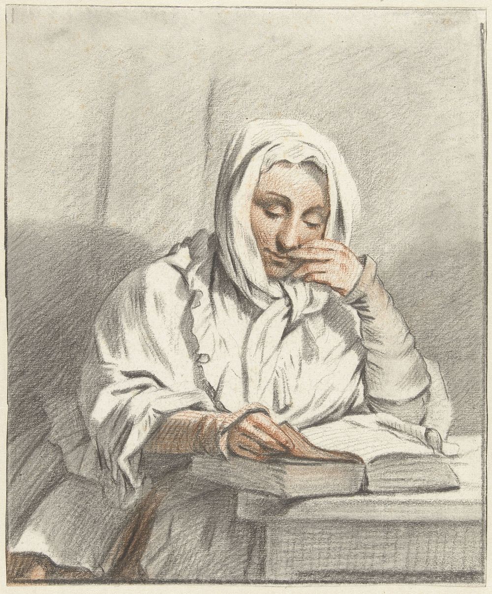 Lezende jonge vrouw aan een tafel (1770 - 1837) by Taco Scheltema I