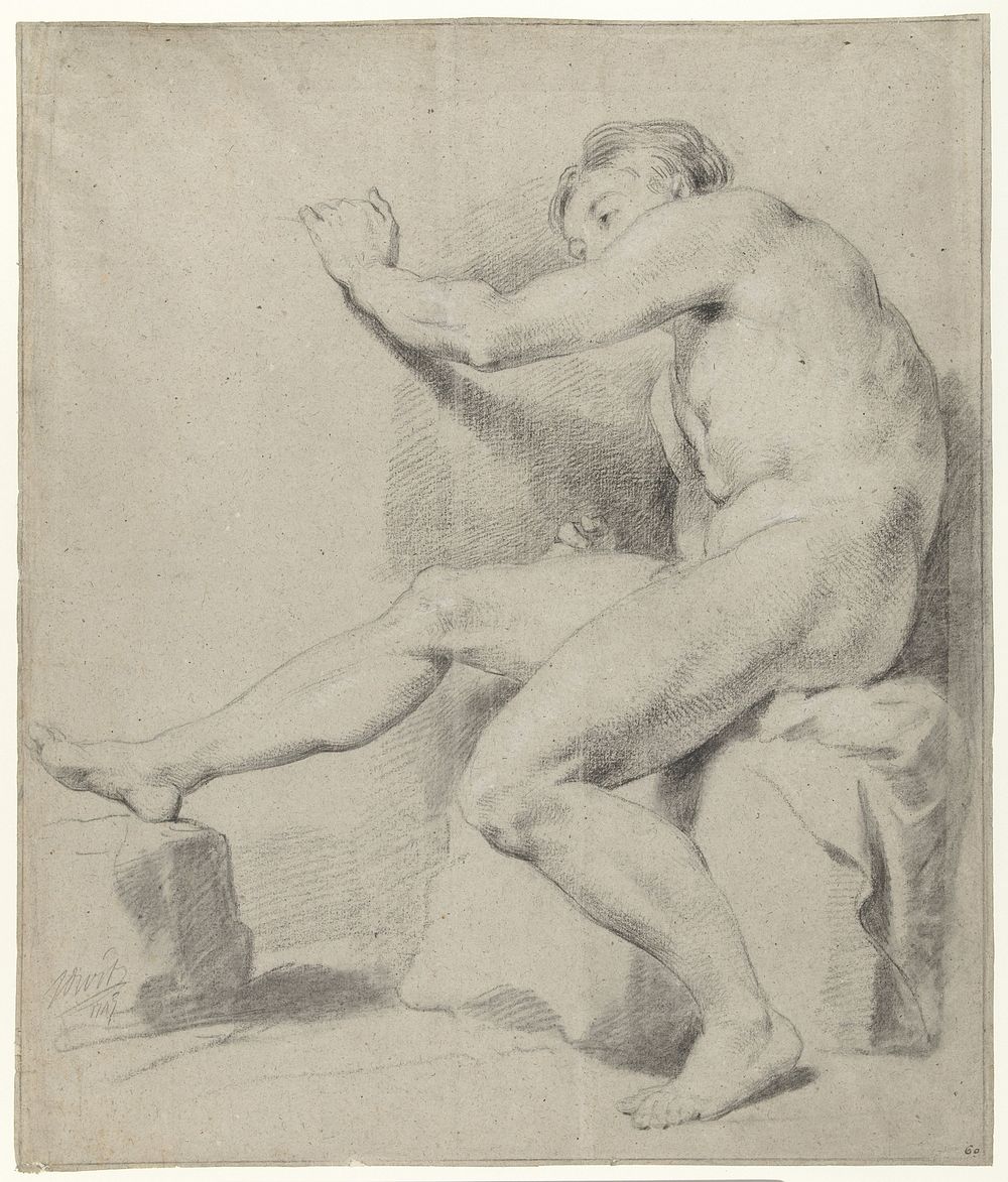 Zittend mannelijk naakt, naar links (1747) by Jacob de Wit