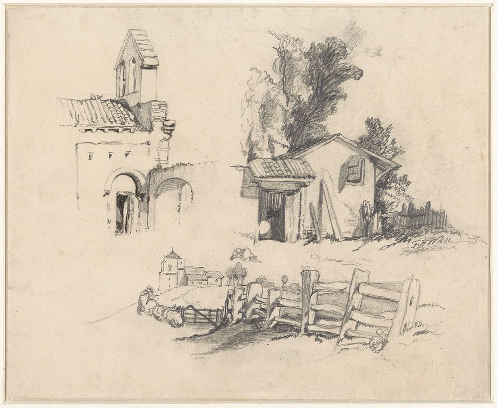 Drie studies van een kerk, huisje en hek (1841) by Frederik Hendrik Weissenbruch