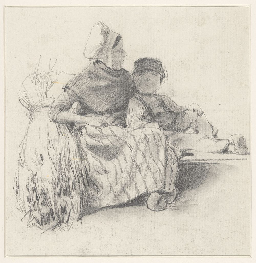 Zittend boerenmeisje met naast zich een jongetje (1832 - 1880) by Jan Weissenbruch