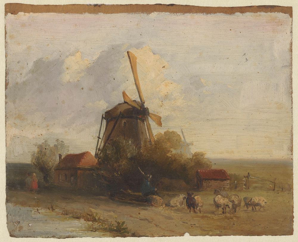 Landschap met molen en een herder met schapen (1832 - 1880) by Jan Weissenbruch