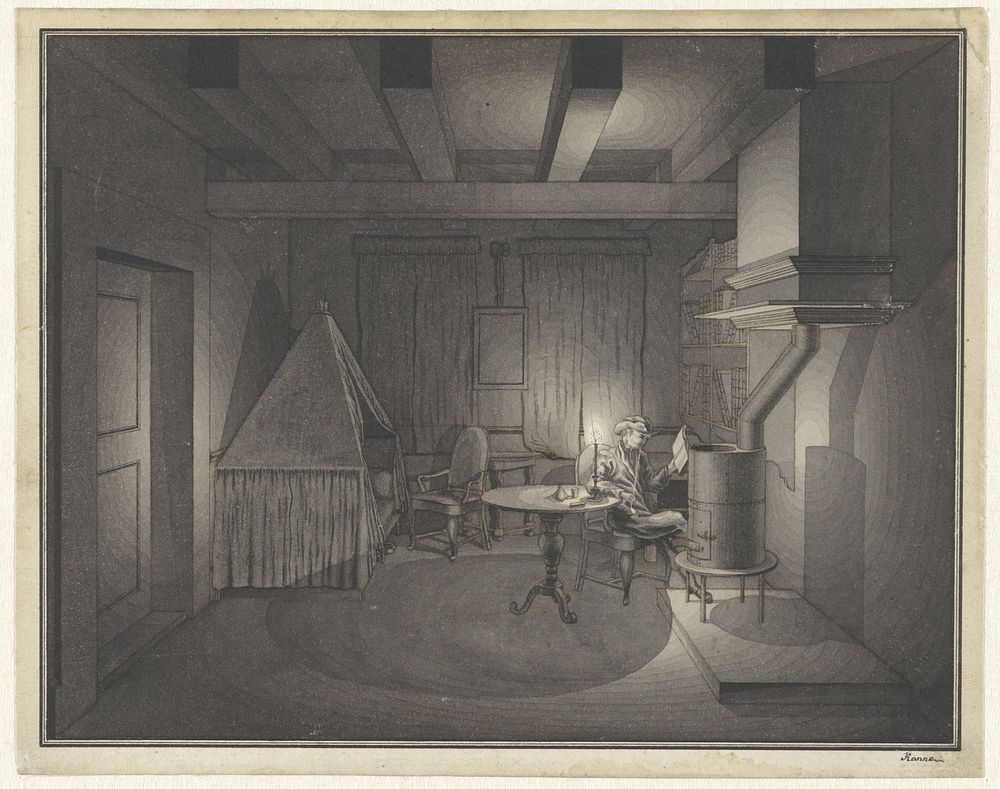 Interieur met lezende man bij kaarslicht (1843 - 1872) by Philippus Anthonius Alexander Kanne