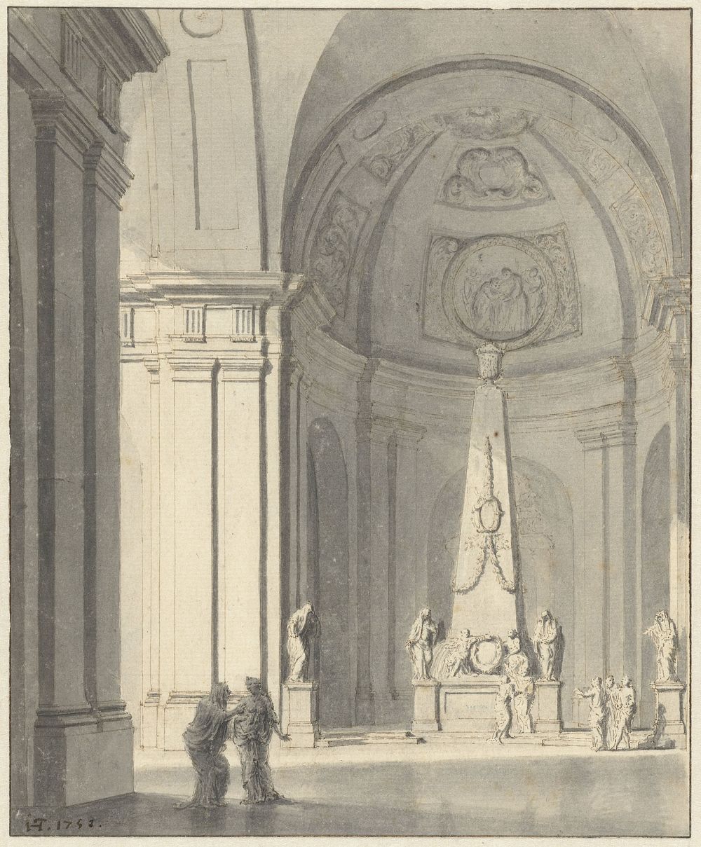 Grote overwelfde zaal met een grafmonument (1757) by Jan Hendrik Troost van Groenendoelen