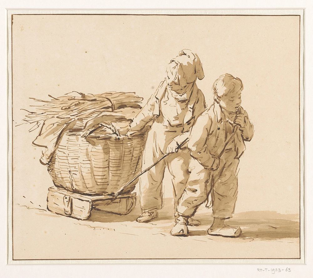 Twee kinderen, die een slee met een mand met hout voortslepen (1790 - 1852) by Pieter Christoffel Wonder