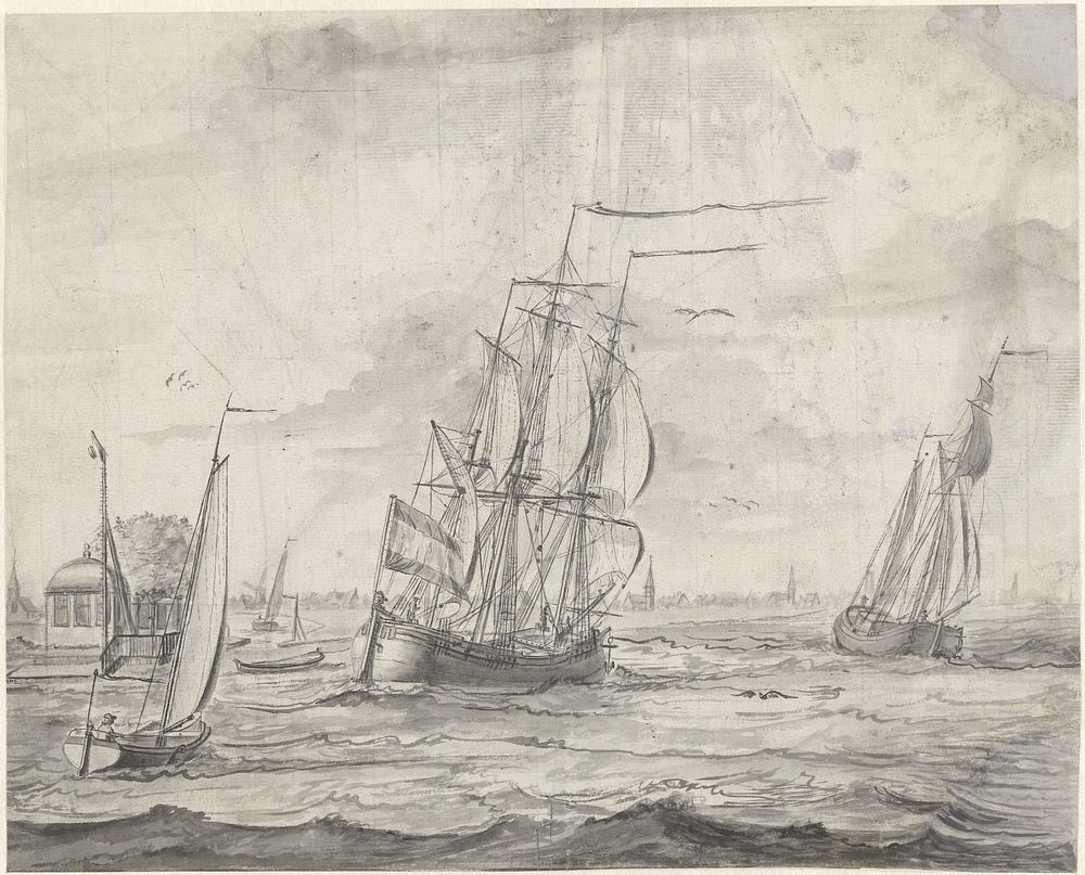 Binnenwater met schepen, in de verte een stadje (1708 - 1781) by Pieter Idserts