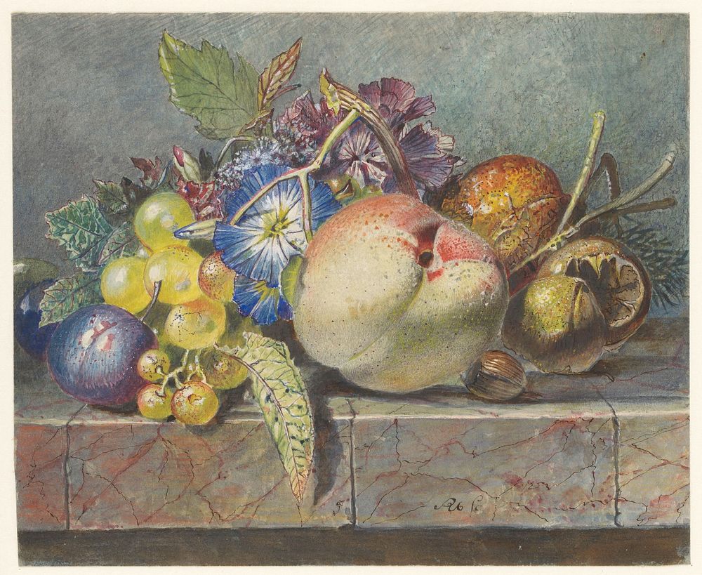 Vruchten- en bloemstilleven (1824 - 1900) by Albertus Steenbergen