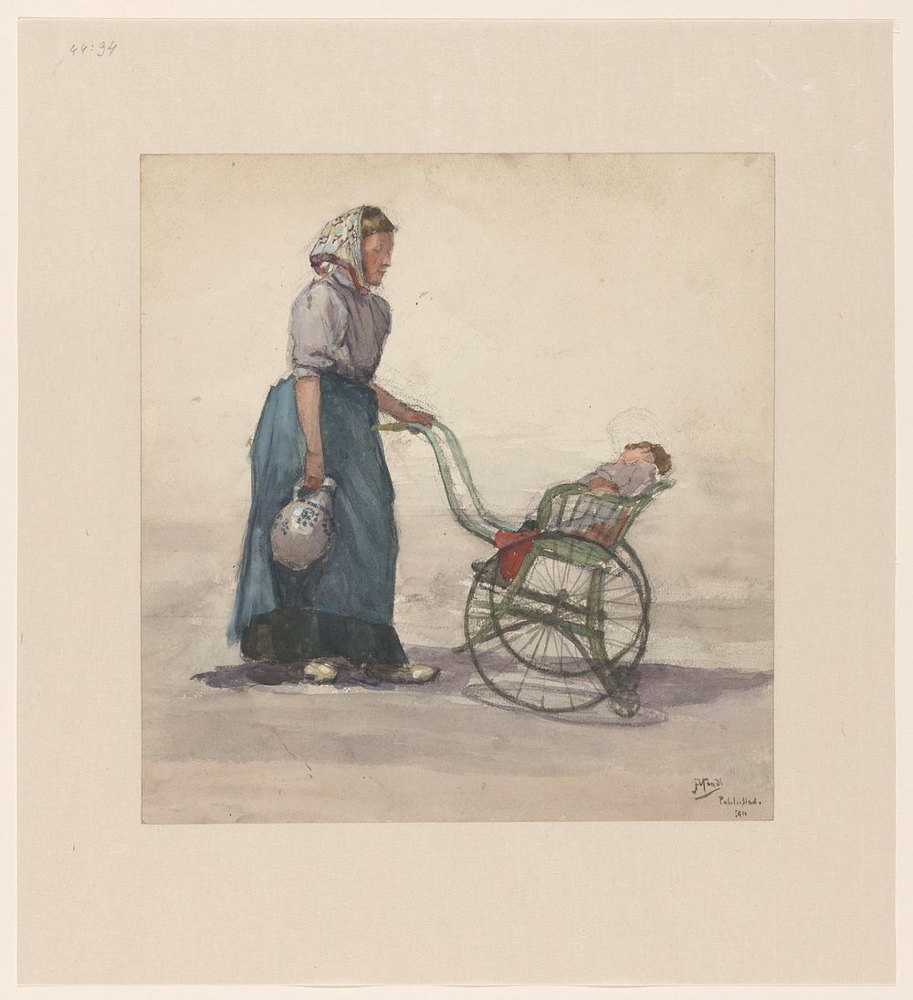 Vrouw met kruik en kinderwagen, naar rechts (1914) by Johannes Abraham Mondt