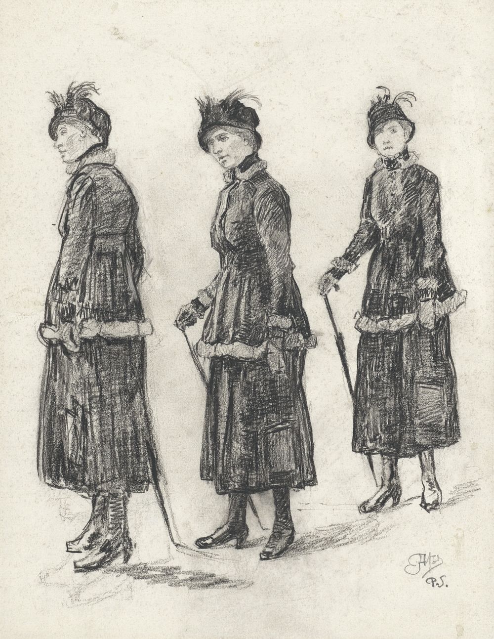 Drie studies van een wandelende dame in mantelkostuum (1869 - 1941) by Johannes Abraham Mondt and George Henry Boughton