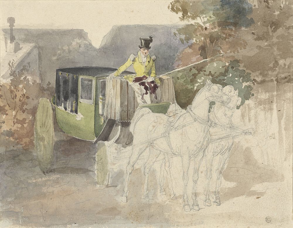 Coupétje met twee paarden, in bosrijke omgeving (1810 - 1890) by Eugène Louis Lami