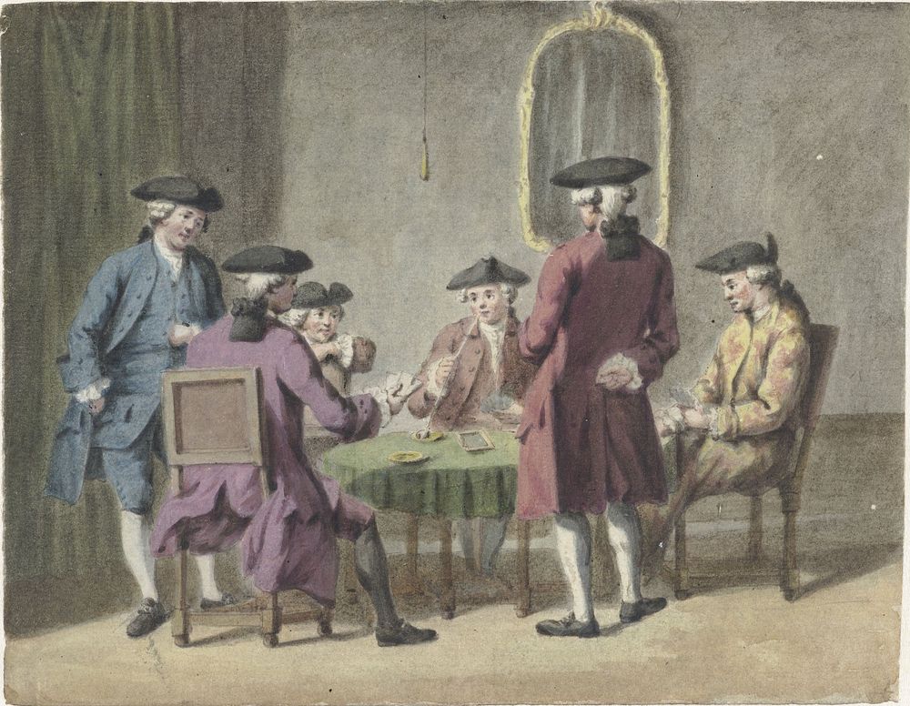 Kaartspelende heren in interieur (1735 - 1800) by Pieter Louw