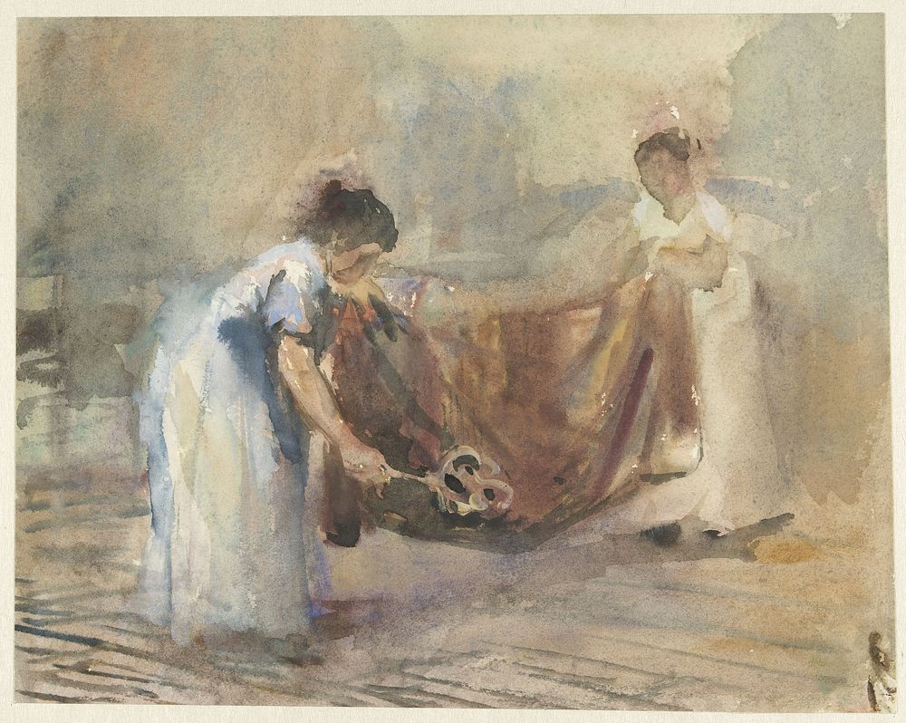 Twee vrouwen die een kleed uitkloppen (1861 - 1935) by Joan Berg