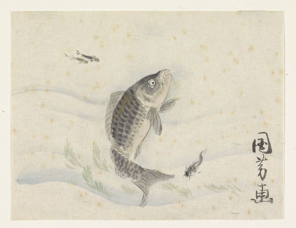 Karper zwemmend tussen wier en drie visjes (1808 - 1861) by Utagawa Kuniyoshi