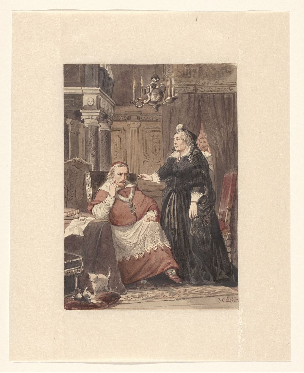 Twee personen in een interieur, mogelijk Maria de Medici en kardinaal de Richelieu (1833 - 1890) by Johan Coenraad Leich