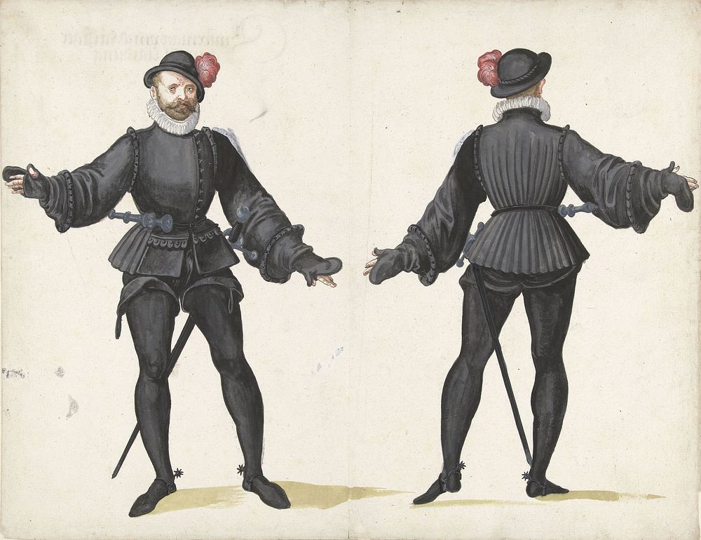 In het zwart geklede krijgsman, van voren en van achteren (1500 - 1600) by anonymous