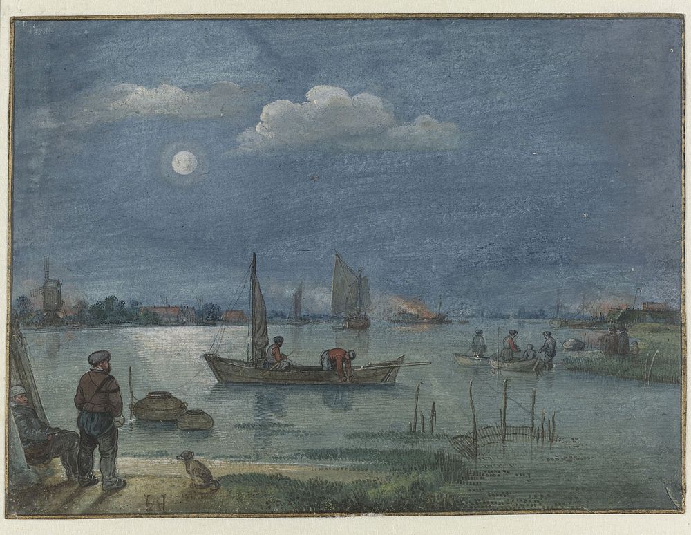 Moonlit River Landscape with Fishermen (c. 1625) by Hendrick Avercamp