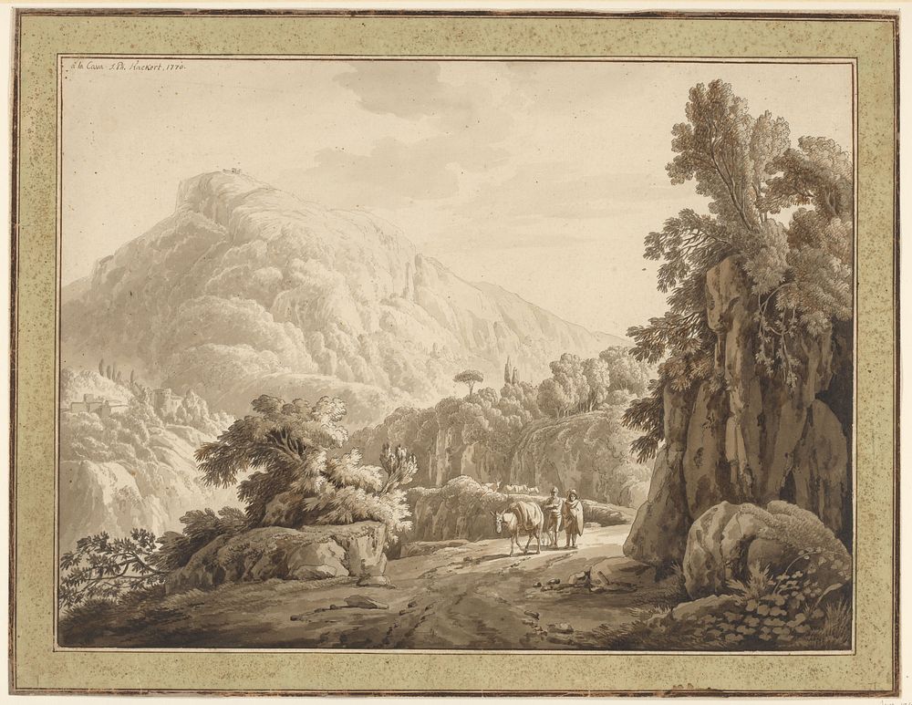 Romeins landschap met bergweg waarop twee mannen met een muilezel (1770) by Jacob Philipp Hackert