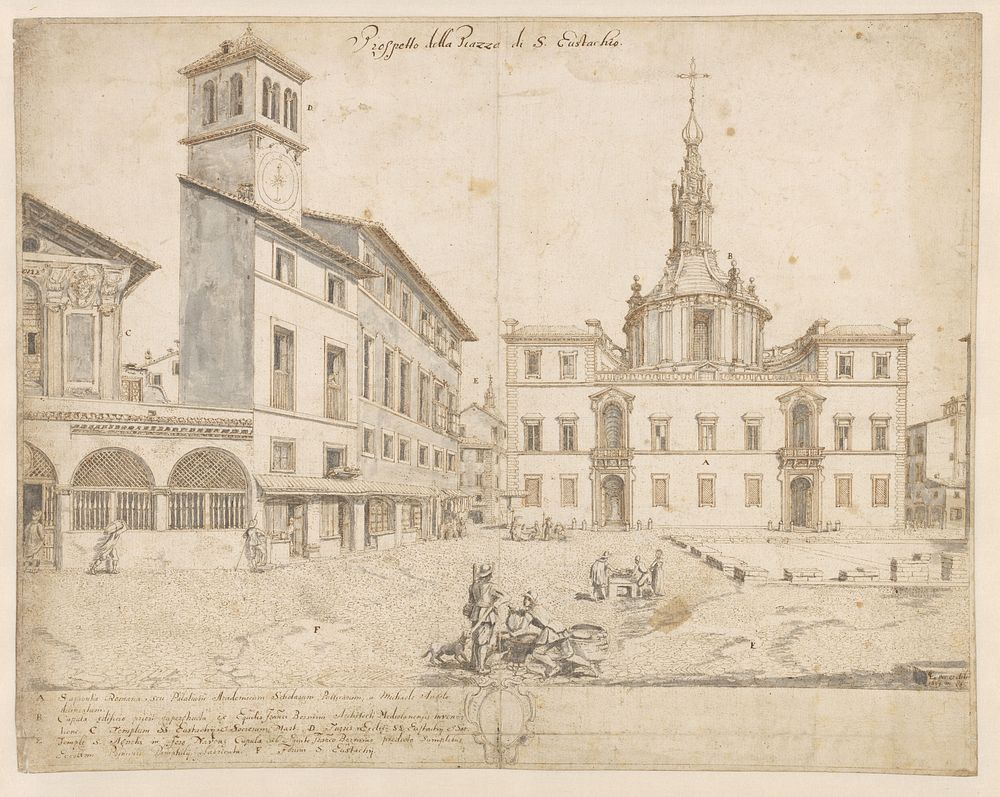 Gezicht te Rome van de Piazza S. Eustachio (1664) by Lievin Cruyl