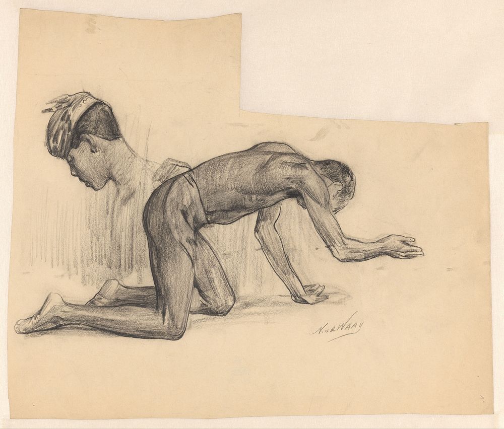 Studieblad met een knielende man en kop van een man uit Nederlands-Indië (c. 1898) by Nicolaas van der Waay