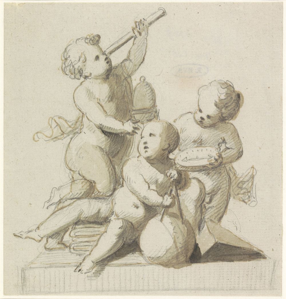 Decoratief ontwerp van putti met astronomische instrumenten (1700 - 1800) by anonymous