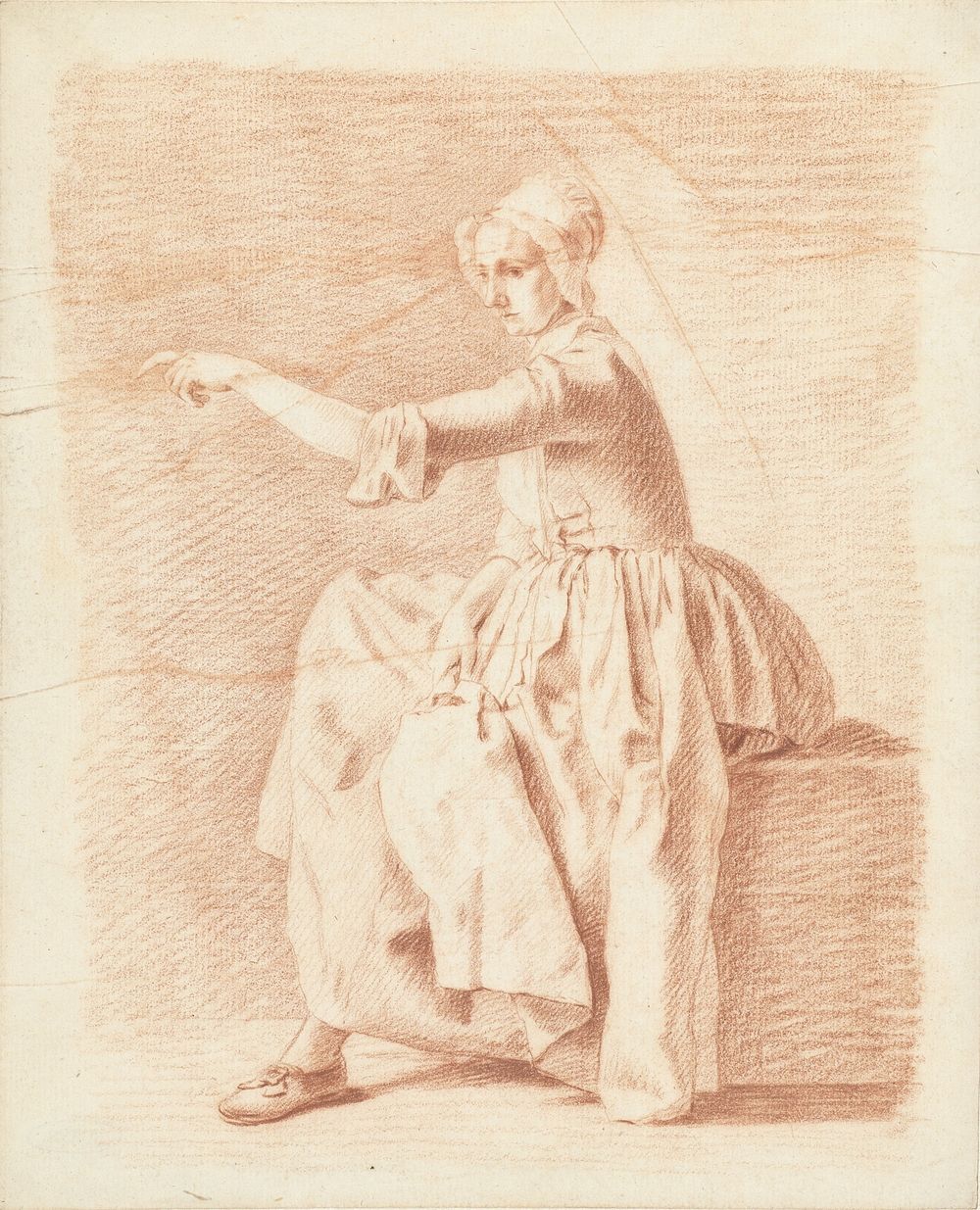 Zittende vrouw op een kist, wijzend naar links (1700 - 1800) by anonymous and Tibout Regters