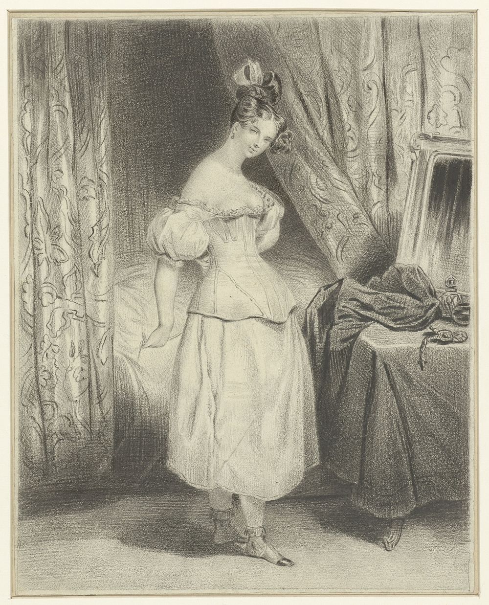 Jonge vrouw in slaapvertrek, haar corsetlijfje losrijgend (1820 - 1840) by Frédéric Bouchot