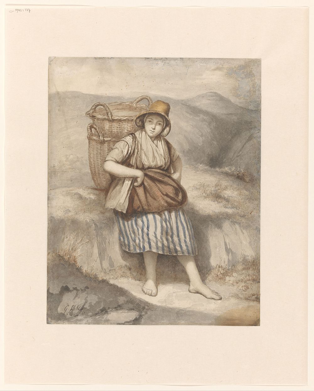 Vissersmeisje met manden, uitrustend tegen een duin (1861) by George Lourens Kiers